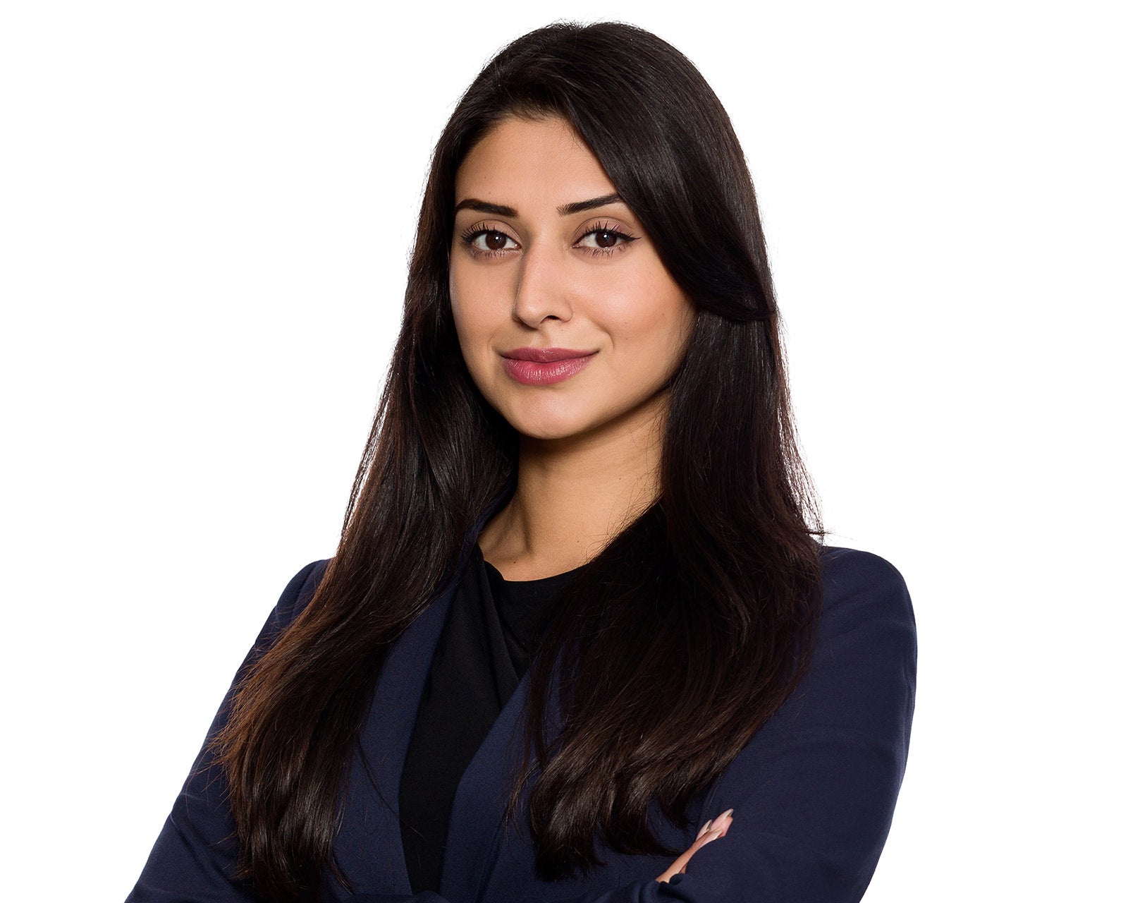 Corporate headshot for a Toronto accounting firm, a professional in a navy blazer on a clean white background